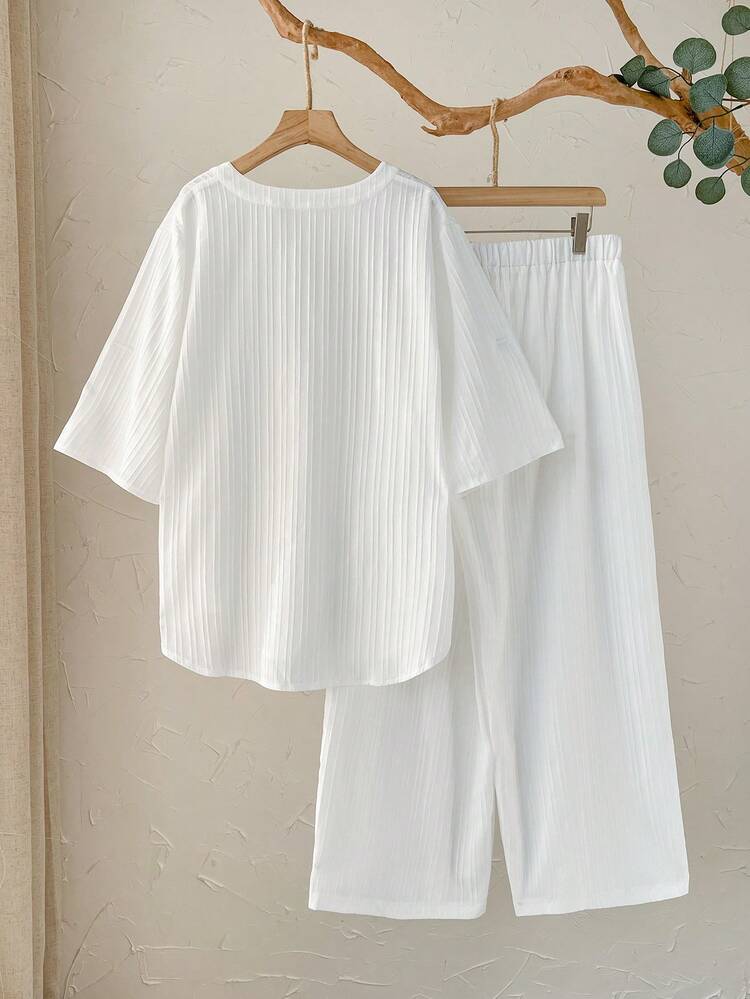 Plus Size Casual Solid Color Shirt And Pants 2 Pieces Set/Summer/Spring/Vacation Country Style For Women Summer Holiday Outfits Spring Break Outfits Two Piece Set White Linen Set For Women