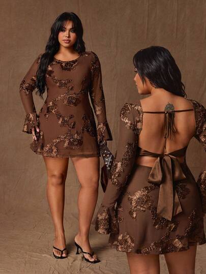 Rustia Women's Elegant Solid Color Knitted Elastic Embroidered Fitted Long Sleeve Flare Sleeve Sexy Mini Dress, Suitable For Dates, Everyday Wear, Cute, Spring/Autumn, Summer