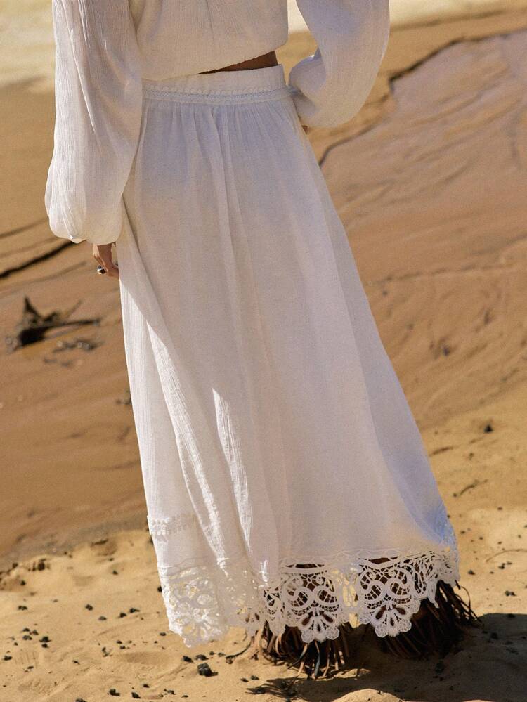 WOMEN'S LINEN PLEATED & LACE PATCHWORK ROMANTIC A-LINE SKIRT, SPRING/SUMMER