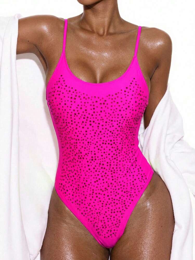 Women's One-Piece Swimsuit With Rhinestone Embellished Spaghetti Straps Summer