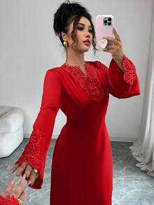 Rafferiza Áo choàng dài tay cổ chữ V dáng rộng, tay bồng, kiểu Thổ Nhĩ Kỳ, kiểu Ả Rập dành cho nữ. - Đỏ - Xem 6