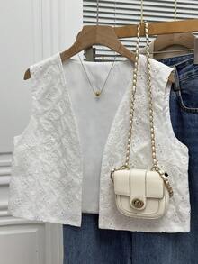 Franclia 女士刺绣镂空开襟休闲背心外套 - 白色 - 查看 1