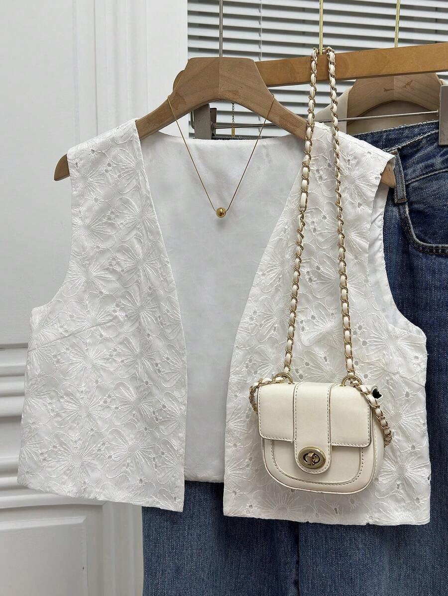 Franclia 女士刺绣镂空开襟休闲背心外套 - 白色 - 查看 1