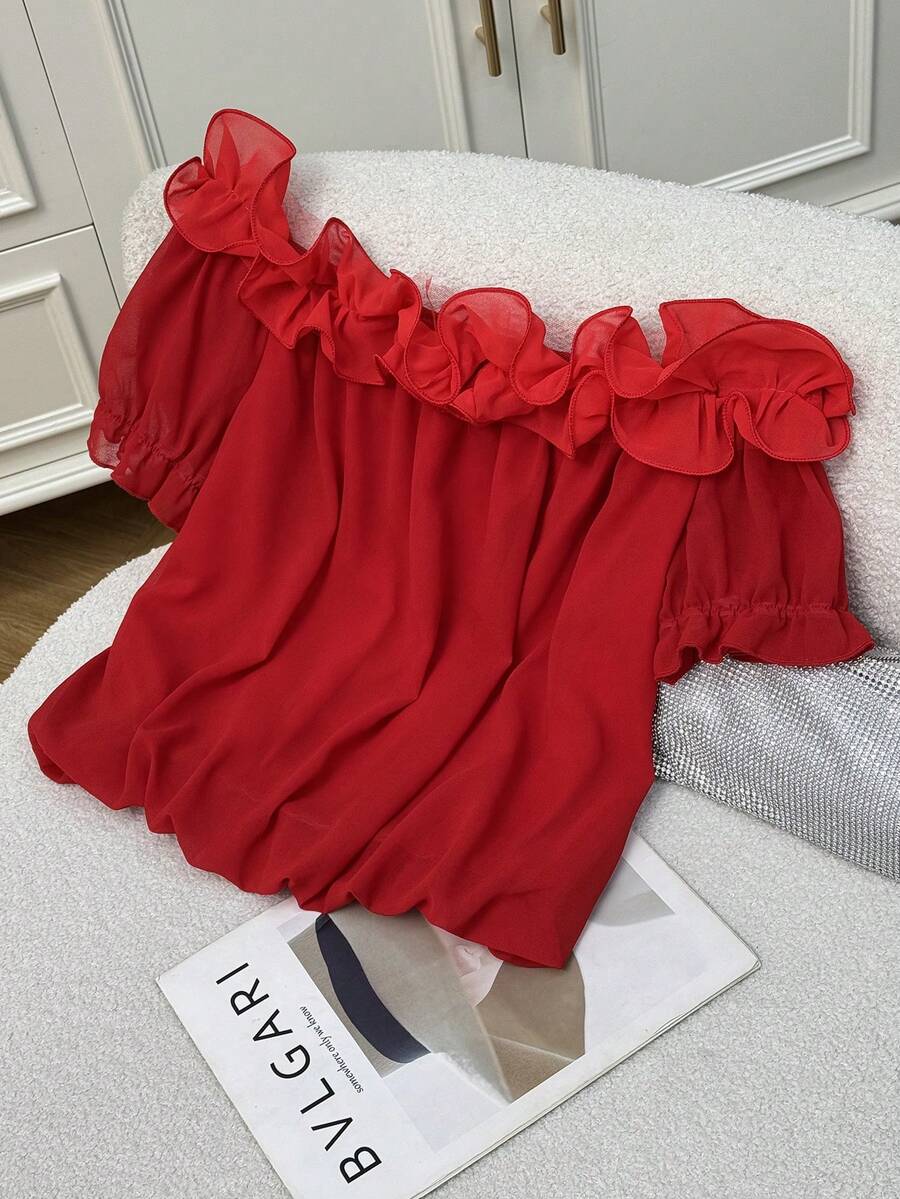 SHEIN Franclia Women's Elegant Ruffle Off-Shoulder Loose Blouse - Burgundy - View 1