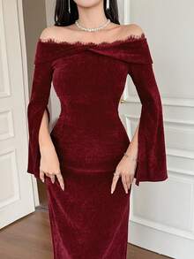 DAZY Women's Off-Shoulder Lace Patchwork Velvet Dress, Elegant And Fitted - Burgundy - View 5