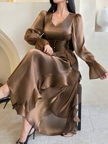 DAZY Women's V-Neck Ruffle Hem Elegant Maxi Party Dress - Gold - View 1