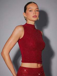 Hauture Sexy Summer Party Burgundy Red Mock Neck Hot Fixed Rhinestone Double Layer Mesh Tank Top - Red - View 5