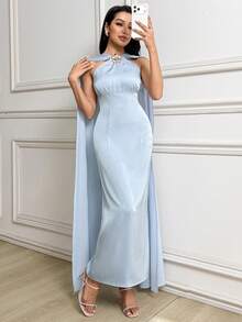 Modelyn 新款优雅缎面金属纽扣装饰飘逸长袖轻盈正式连衣裙 - 淺藍色 - 查看 5