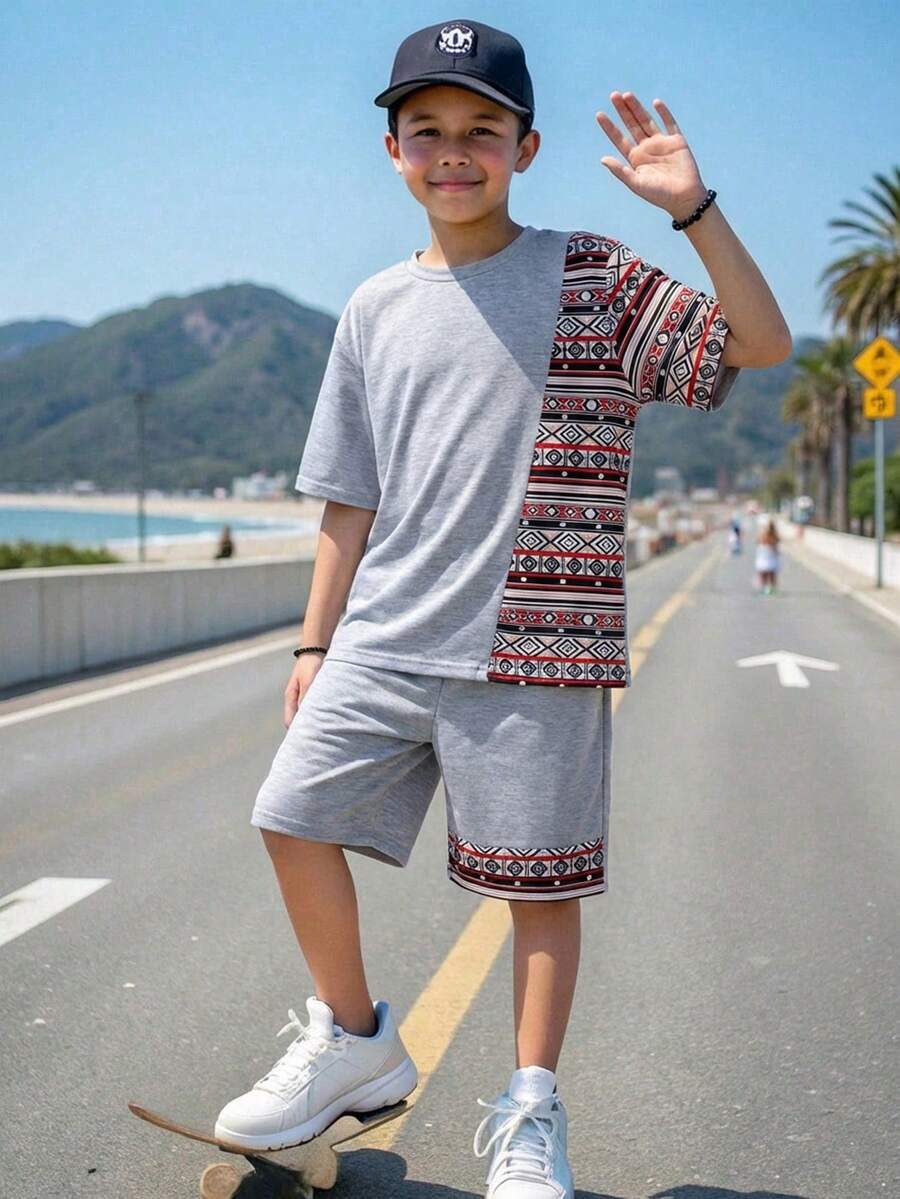 SHEIN Bộ 2 quần short tay ngắn cổ tròn họa tiết khối màu đơn giản cho bé trai tuổi teen, thích hợp mặc đi làm, đi học, mặc thường ngày, thể thao, xuân/hè - Xám - Xem 1