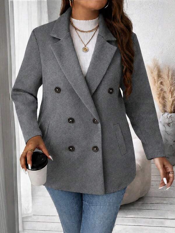 Vionelle Plus Size Women's Solid Color Double-Breasted Long Sleeve Casual Overcoat Fall Winter Cloth For Women Winter Autumn