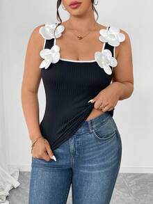Elenzga Camiseta sin espalda elegante y sexy para mujer talla grande, de punto elástico ancho con decoración floral 3D, cómoda y elegante, color blanco - Blanco y Negro - Ver 6