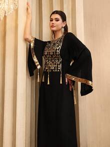 Al Najma Elegant Embroidered V-Neck Flare Sleeve Waist Tie Slim Fit Dress