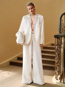 Arave 女士优雅约会之夜西装外套，饰有手工水晶设计和宽松廓形 - 白色 - 查看 4