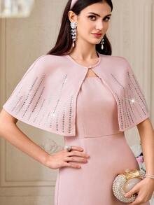 Modelyn New Design Patchwork Cloak Dress, Elegant Rhinestone Decor Waist Cinched Formal Gown ,Summer Dress,Spring Dresses For Women - Pink - View 2