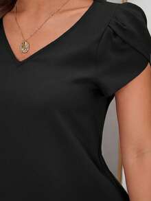 SHEIN Clasi 女士纯色简约V领短袖休闲连衣裙 - 黑色 - 查看 5