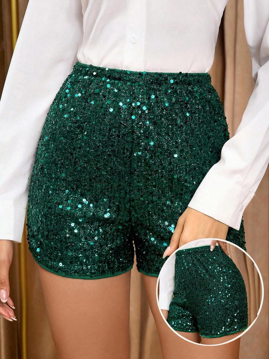 Amorya 女士优雅亮片装饰高腰短裤，适合春、夏、秋、冬各季节的派对、约会、晚宴等场合。 - 黑/綠 - 查看 1