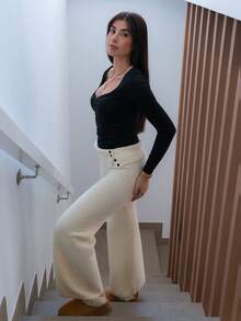 Hitanina Women's Autumn And Winter Clothing Home Simple Comfortable Sweet Casual Thermal Lined Warm White Double-Layer Waist Design Buttons Asymmetrical Beige Simple Sweater Trousers, Daily Wear,Fall - White - View 5