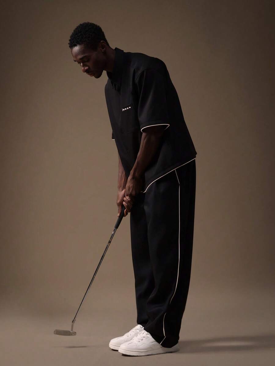 SUMWON 直筒修身，腰部褶裥设计，撞色滚边细节，现代正式商务休闲正装裤，适合办公室等专业场合穿着。 - 黑色 - 查看 1