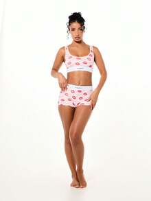 BABYPHAT Conjunto de sujetador tipo bralette y pantalón corto con estampado de labios. Ropa interior a juego de dos piezas con diseño de besos lindos para el Día de San Valentín en color rosa y blanco. - Rosa - Ver 7