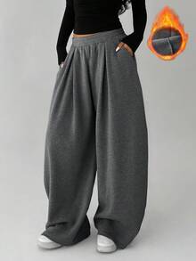 FavEase Women's Fleece Elastic Waist Solid Color Pleated Casual Sweatpants - Dark Grey - View 8