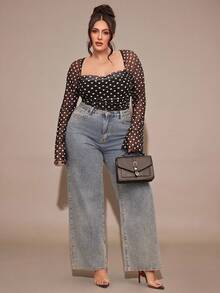 SHEIN BAE 大码波点印花网纱拼接方领长袖连体衣 - 黑與白 - 查看 5