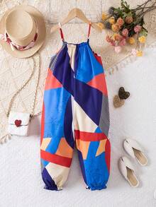 SHEIN Young Girl's Vacation Casual Fashionable Ditsy Floral Chiffon Jumpsuit - Multicolor - View 4