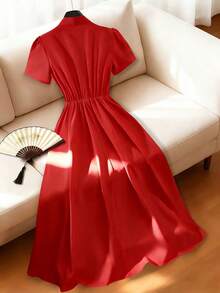 SHEIN Franclia 女士优雅缺角领纽扣腰身喇叭下摆连衣裙，夏季 - 紅色 - 查看 2