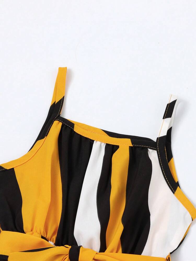 SHEIN 年輕女孩條紋印花腰帶背心連體褲 - 彩色 - 查看 4