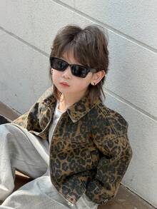 DAZY 男童豹纹拉链休闲牛仔外套 - 棕色 - 查看 4