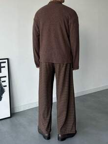 DAZY Brown Patchwork Collar Men's Shirt And Plaid Pants Suit Set, Spring/Autumn