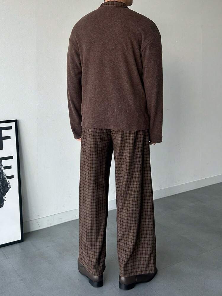 Brown Patchwork Collar Men's Shirt And Plaid Pants Suit Set, Spring/Autumn