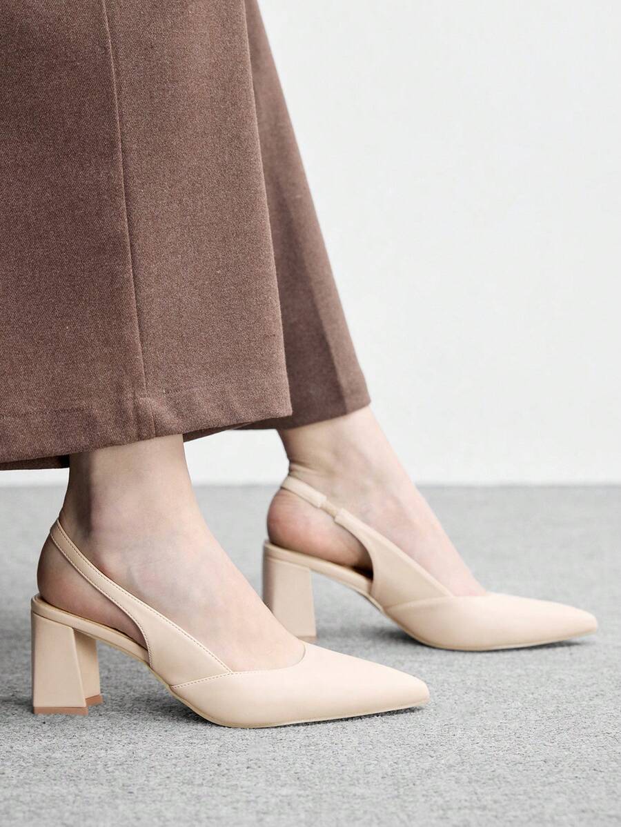 CUCCOO BIZCHIC Women's Fashion Black Open Back Pointed Toe Chunky Heels Pumps, Classic Minimalist Design For Commuting, Dating, Party, Holiday, Wedding Valentine's Day - Milk tea apricot - View 1