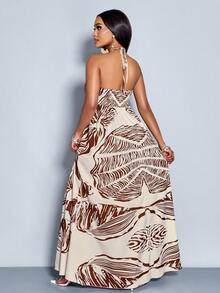 SOLERSUN Đầm hở lưng in họa tiết cây nhiệt đới cho nữ khi đi nghỉ - màu nâu - Xem 2