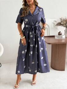 Ceyna Đầm chữ A tay ngắn cổ vuông, thắt eo, cỡ lớn - Màu xanh hải quân - Xem 6