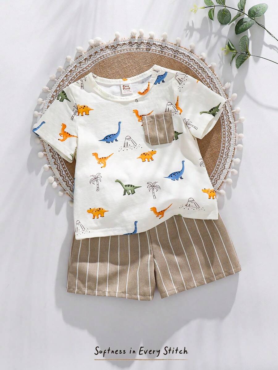 Cozy Pixies 2件套男婴卡通动物图案针织软领短袖上衣和松紧腰短裤套装 - 彩色 - 查看 1