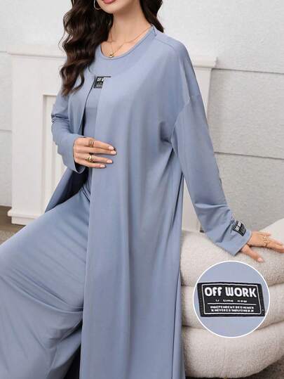 Graceveil Grey-Blue Jacquard Waist Cinching Dress + Jacket, Fashionable & Elegant French-Style Arabic Women Outfit Set