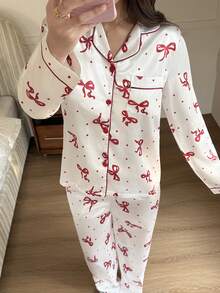 蝴蝶结波点仿丝绸女士长袖睡衣套装 - 白色 - 查看 6