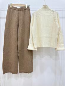 SHEIN PETITE 2pcs Women Knit Sweater Set, Apricot Color Ribbed Knit Pullover Sweater And Pants, Casual Minimalist Style