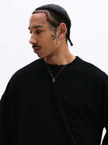 SUMWON Camiseta Masculina Oversized de Gola Careca de Manga Curta Sólida, Simples, Confortável, Ajuste Relaxado, Casual - Preto - Visão 4