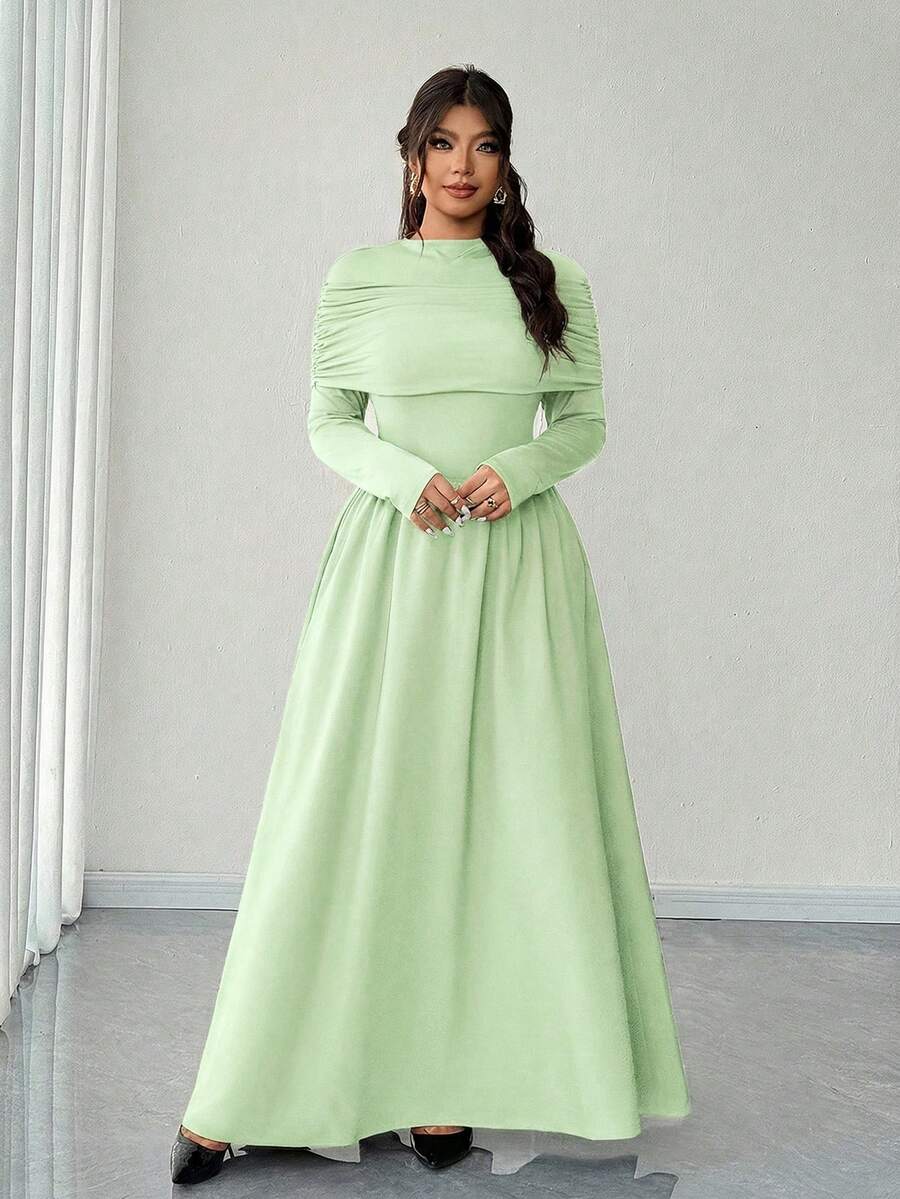 Elenzga Đầm dài tay trễ vai cổ đứng dáng chữ A thanh lịch lãng mạn dành cho nữ cỡ lớn, thích hợp mùa thu/đông. - màu xanh lá - Xem 1