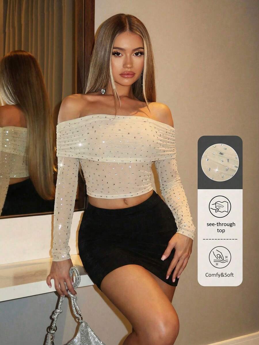 SHEIN BAE Atasan Wanita Tanpa Bahu dengan Hiasan Berlian Imitasi, Cocok untuk Pantai, Liburan, Pesta Klub Malam, Konser, dan Festival Musik - Aprikot - View 1