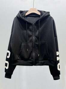 INAWLY 连帽运动衫 带羊毛的运动衫，宽松短夹克，秋冬，七分袖上衣