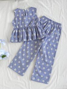 Vintaside Kids 两件套，少女蓝白格子印花无袖上衣和配套长裤，修身款式，适合外出、休闲、运动、派对等场合。 - 彩色 - 查看 3