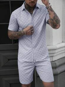 Manfinity Homme Men's Blue Gingham Summer Casual Vacation Holiday 2 Pieces Outfits,Button-Front Short Sleeve Shirt And Shorts Set,Grey Co Ord Set Summer Set For Men - Blue - View 6