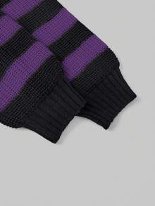 ROMWE Kawaii SpringCasual Cute Black Cat Embroidery Striped Turtleneck Sweater For Girls - Purple - View 4