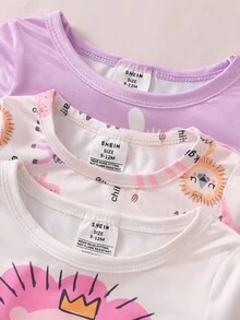 3pcs/Set Cartoon Lion, Giraffe, Zebra Printed Round Neck Short Sleeve Top & Shorts Snug Fit Home Wear For Baby Girls - Multicolor - View 5