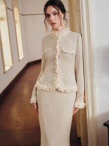 Anewsta 女士荷叶边拼接优雅上衣和半裙两件套 - 杏色 - 查看 4