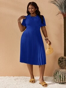 Slaydiva 大码女式纯色短款泡泡袖褶裥下摆连衣裙，夏季连衣裙 - 寶藍色 - 查看 5