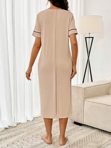 SHEIN Maternity Casual Button-Up Short Sleeve Dress Loungewear Pajama Dress Robe Sleepwear Set  - Apricot - View 2