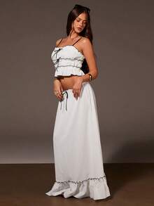 Athîral Women's Casual White Set, White Tank Top And Skirt, Black Trim Design, Bow Decor, Beach Skirt Set, Linen Two Pieces Set, Maxi Skirt Two Pieces Set, Two Pieces Set Women Dress,Summer Outfits,Summer Set,Summer Holiday Outfits,Spring Clothes,Casual Set For Women,Casual Outfit For Women,White Set,Beach Vacation Outfits For Women - White - View 5